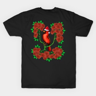 Red Cardinal in rose flowers Christmas T-Shirt